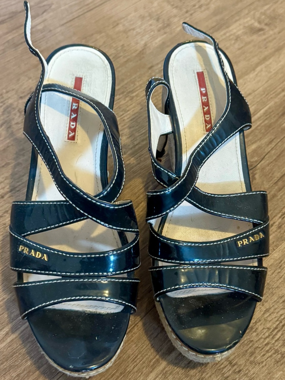 Prada Black Patent Leather Crisscross Wedge Sandals